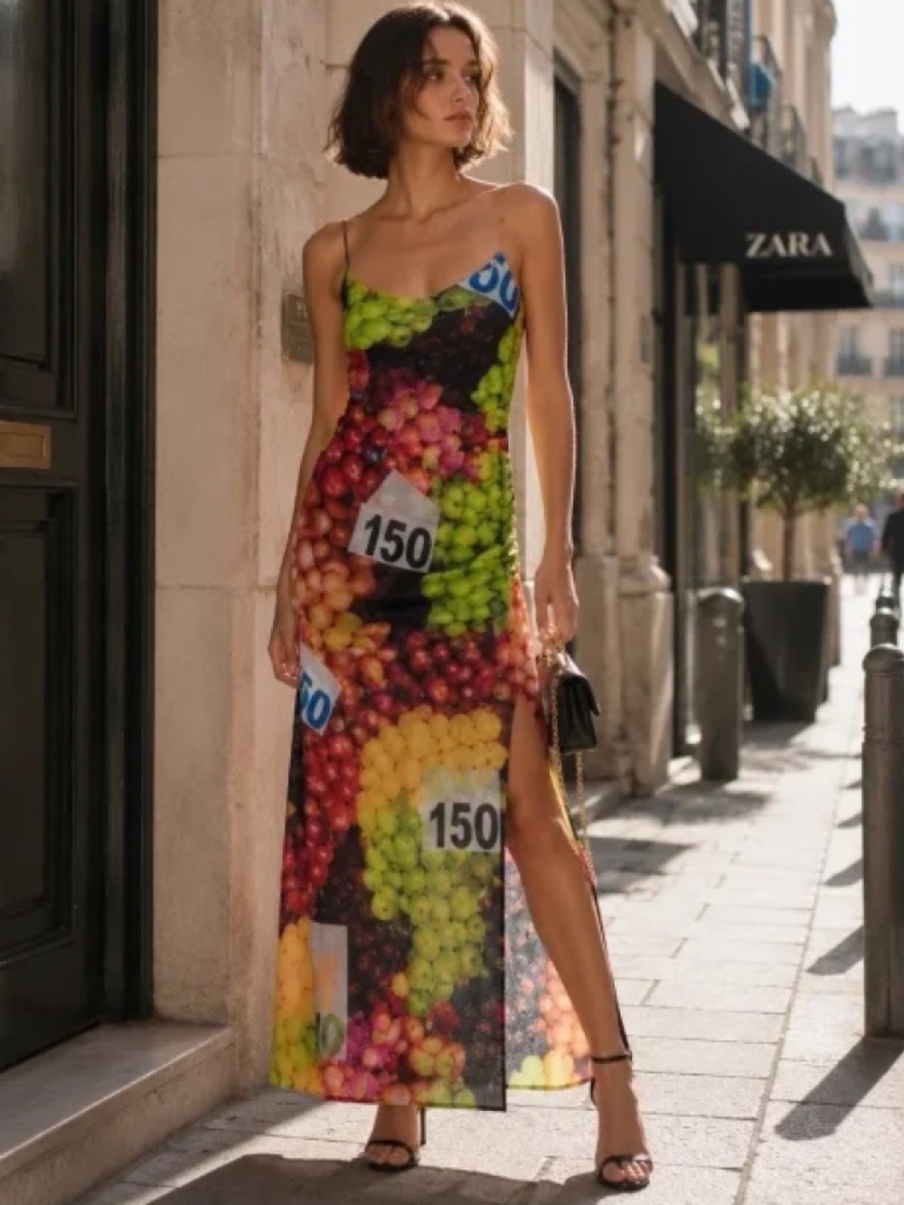 ZARA Ruched Mesh Fruit Stand Strappy Maxi Dress Women's Size Small